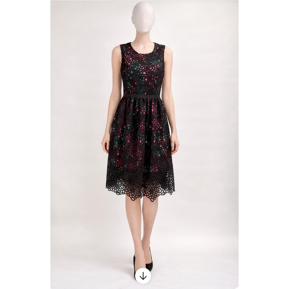 Wolven Black Crochet Lace Overlay Pink Teal Abstract Print Midi Dress Colorful 6